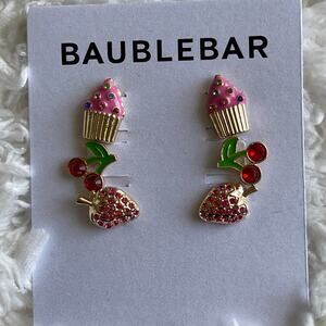 Baublebar Gold Tone Stud Earrings Set Cupcake, Cherry, Strawberry NEW 3 Pairs